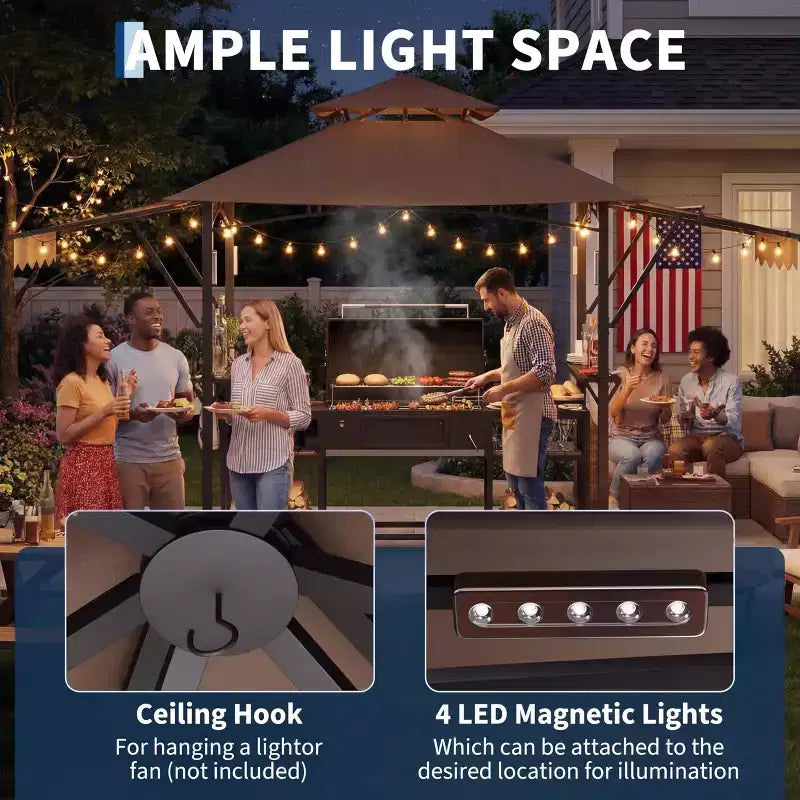 Gazebo de barbecue 2,4 x 1,5 m avec auvents latéraux doubles réglables, abri à 2 niveaux avec 2 étagères, crochets, 4 lumières, auvent à cadre en acier pour jardin et cour arrière