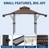 Gazebo de barbecue 2,4 x 1,5 m avec auvents latéraux doubles réglables, abri à 2 niveaux avec 2 étagères, crochets, 4 lumières, auvent à cadre en acier pour jardin et cour arrière
