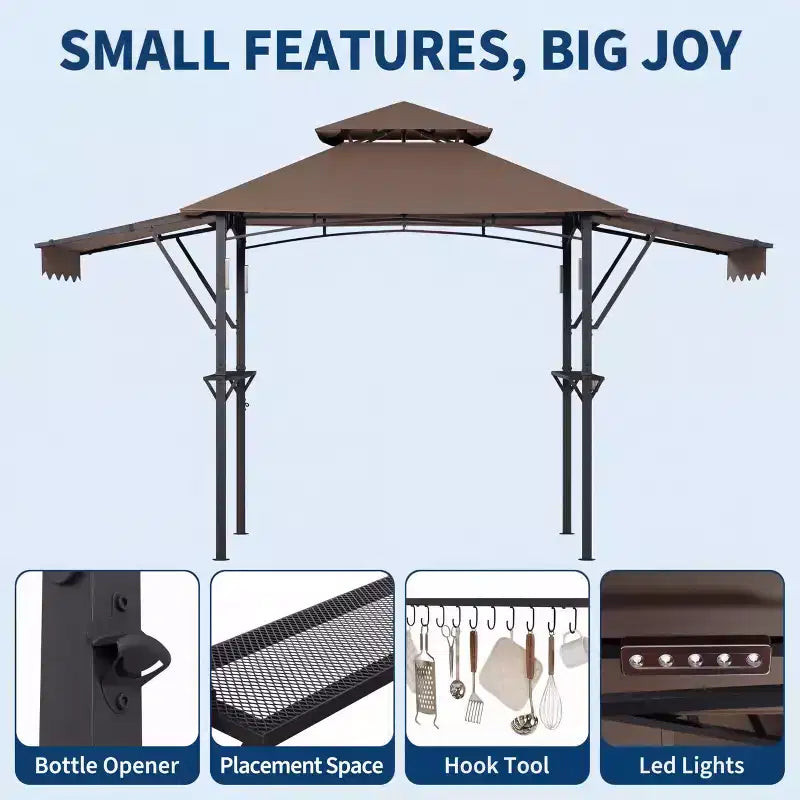 Gazebo de barbecue 2,4 x 1,5 m avec auvents latéraux doubles réglables, abri à 2 niveaux avec 2 étagères, crochets, 4 lumières, auvent à cadre en acier pour jardin et cour arrière