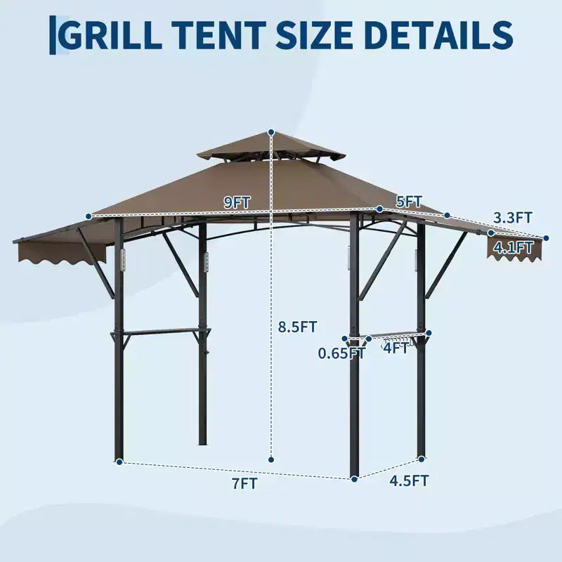 Gazebo de barbecue 2,4 x 1,5 m avec auvents latéraux doubles réglables, abri à 2 niveaux avec 2 étagères, crochets, 4 lumières, auvent à cadre en acier pour jardin et cour arrière