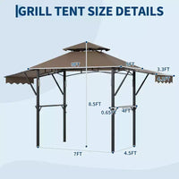 Gazebo de barbecue 2,4 x 1,5 m avec auvents latéraux doubles réglables, abri à 2 niveaux avec 2 étagères, crochets, 4 lumières, auvent à cadre en acier pour jardin et cour arrière