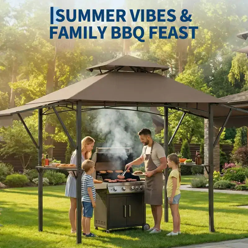 Gazebo de barbecue 2,4 x 1,5 m avec auvents latéraux doubles réglables, abri à 2 niveaux avec 2 étagères, crochets, 4 lumières, auvent à cadre en acier pour jardin et cour arrière
