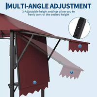Gazebo de barbecue 2,4 x 1,5 m avec auvents latéraux doubles réglables, abri à 2 niveaux avec 2 étagères, crochets, 4 lumières, auvent à cadre en acier pour jardin et cour arrière