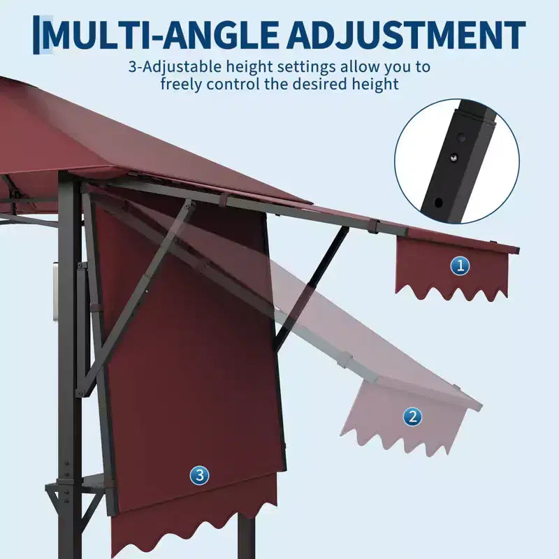 Gazebo de barbecue 2,4 x 1,5 m avec auvents latéraux doubles réglables, abri à 2 niveaux avec 2 étagères, crochets, 4 lumières, auvent à cadre en acier pour jardin et cour arrière