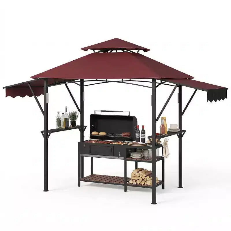 Gazebo de barbecue 2,4 x 1,5 m avec auvents latéraux doubles réglables, abri à 2 niveaux avec 2 étagères, crochets, 4 lumières, auvent à cadre en acier pour jardin et cour arrière