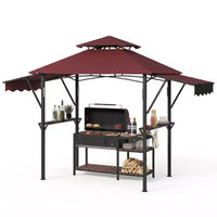 Gazebo de barbecue 2,4 x 1,5 m avec auvents latéraux doubles réglables, abri à 2 niveaux avec 2 étagères, crochets, 4 lumières, auvent à cadre en acier pour jardin et cour arrière