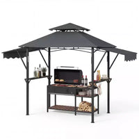 Gazebo de barbecue 2,4 x 1,5 m avec auvents latéraux doubles réglables, abri à 2 niveaux avec 2 étagères, crochets, 4 lumières, auvent à cadre en acier pour jardin et cour arrière