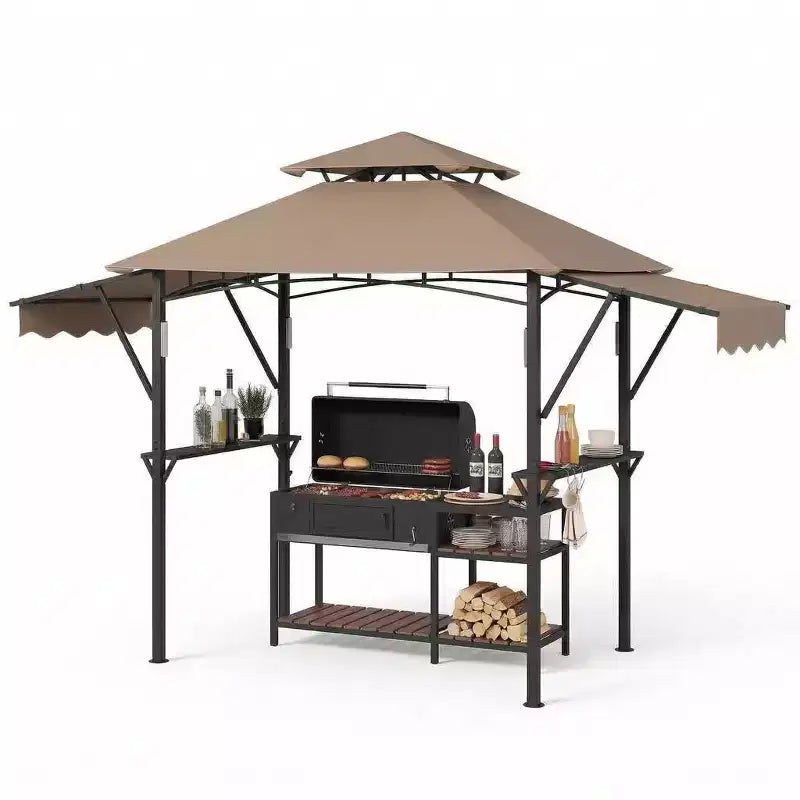 Gazebo de barbecue 2,4 x 1,5 m avec auvents latéraux doubles réglables, abri à 2 niveaux avec 2 étagères, crochets, 4 lumières, auvent à cadre en acier pour jardin et cour arrière