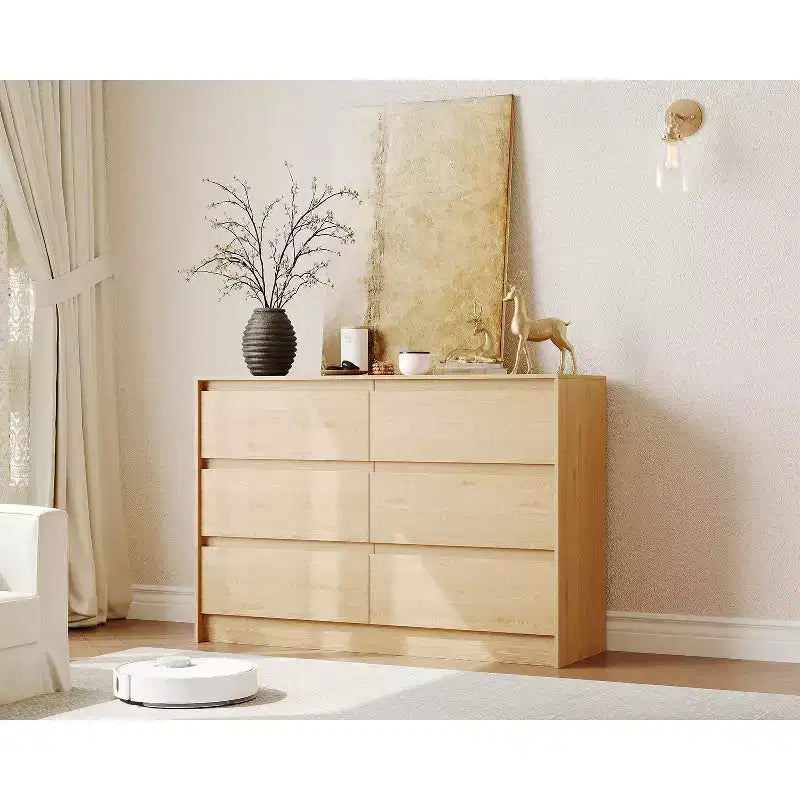 Commode de ferme à 6 tiroirs, commode de 120 cm de large au design sans poignée, meuble de rangement en bois de chêne naturel pour chambre et salon
