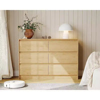 Commode de ferme à 6 tiroirs, commode de 120 cm de large au design sans poignée, meuble de rangement en bois de chêne naturel pour chambre et salon