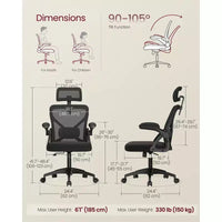 VASAGLE Chaise de Bureau Ergonomique en Maille avec Support Lombaire et Appui-tête Réglables, Fonction d'Inclinaison 90-105°, Siège Large, Accoudoirs Relevables