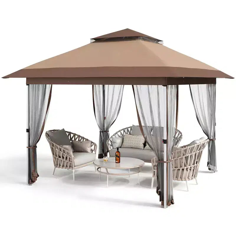 Tonnelle de jardin 3,6 m x 3,6 m avec toit ventilé à double niveau, moustiquaire et rideaux, abri de jardin et de terrasse escamotable