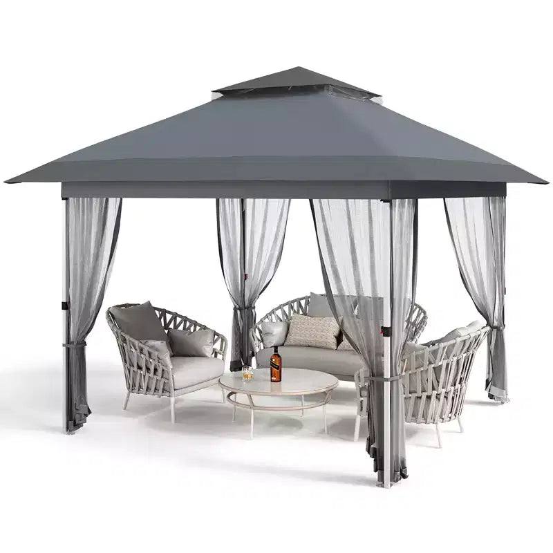 Tonnelle de jardin 3,6 m x 3,6 m avec toit ventilé à double niveau, moustiquaire et rideaux, abri de jardin et de terrasse escamotable
