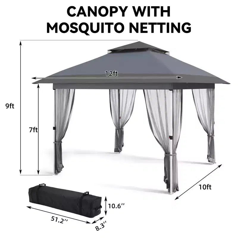 Tonnelle de jardin 3,6 m x 3,6 m avec toit ventilé à double niveau, moustiquaire et rideaux, abri de jardin et de terrasse escamotable