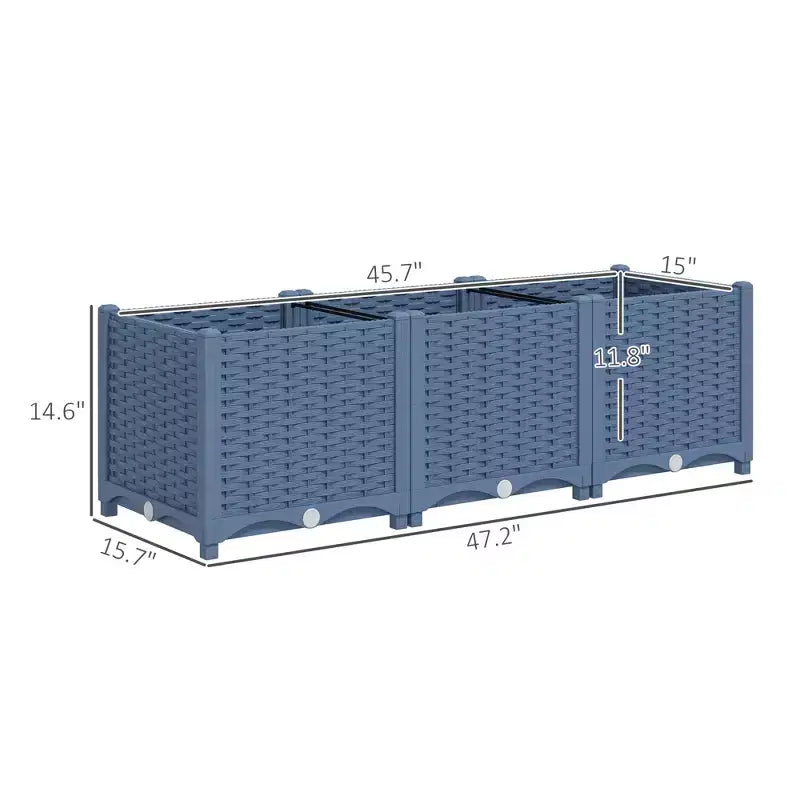 Jardinière surélevée en plastique bleu avec trous de drainage pour usage intérieur/extérieur, 120 x 40 x 37 cm