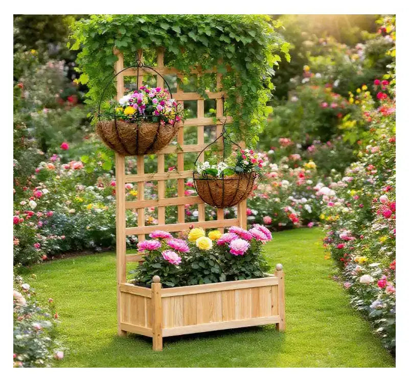 Jardinière surélevée en bois avec treillis décoratif et bac de plantation profond, 23,5x11,5x49,25 pouces