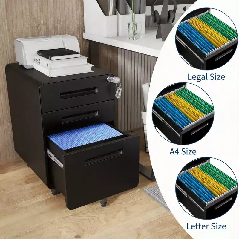 Classeur en métal sécurisé 3 tiroirs, verrouillable, entièrement assemblé, rangement mobile sous le bureau sur 5 roulettes, anti-basculement, compatible A4/Lettre/Légal, noir