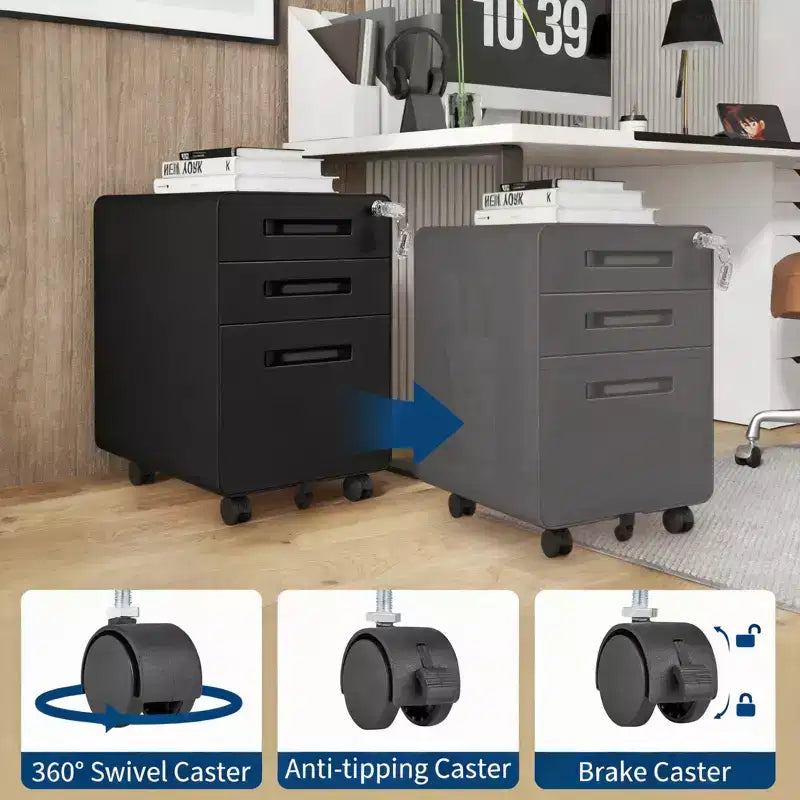 Classeur en métal sécurisé 3 tiroirs, verrouillable, entièrement assemblé, rangement mobile sous le bureau sur 5 roulettes, anti-basculement, compatible A4/Lettre/Légal, noir