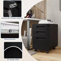 Classeur en métal sécurisé 3 tiroirs, verrouillable, entièrement assemblé, rangement mobile sous le bureau sur 5 roulettes, anti-basculement, compatible A4/Lettre/Légal, noir