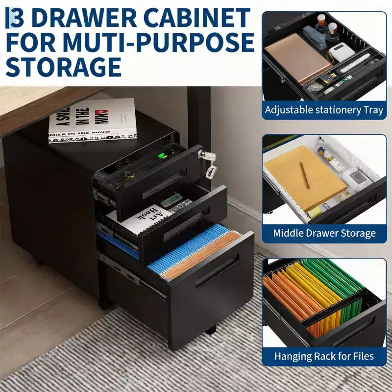 Classeur en métal sécurisé 3 tiroirs, verrouillable, entièrement assemblé, rangement mobile sous le bureau sur 5 roulettes, anti-basculement, compatible A4/Lettre/Légal, noir