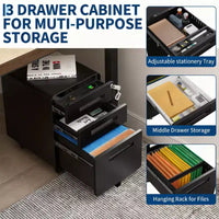 Classeur en métal sécurisé 3 tiroirs, verrouillable, entièrement assemblé, rangement mobile sous le bureau sur 5 roulettes, anti-basculement, compatible A4/Lettre/Légal, noir