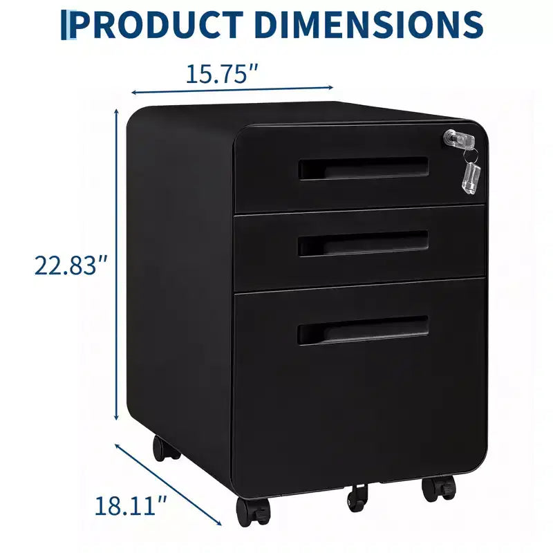 Classeur en métal sécurisé 3 tiroirs, verrouillable, entièrement assemblé, rangement mobile sous le bureau sur 5 roulettes, anti-basculement, compatible A4/Lettre/Légal, noir