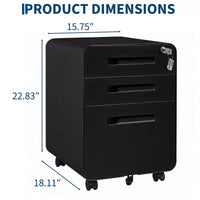Classeur en métal sécurisé 3 tiroirs, verrouillable, entièrement assemblé, rangement mobile sous le bureau sur 5 roulettes, anti-basculement, compatible A4/Lettre/Légal, noir