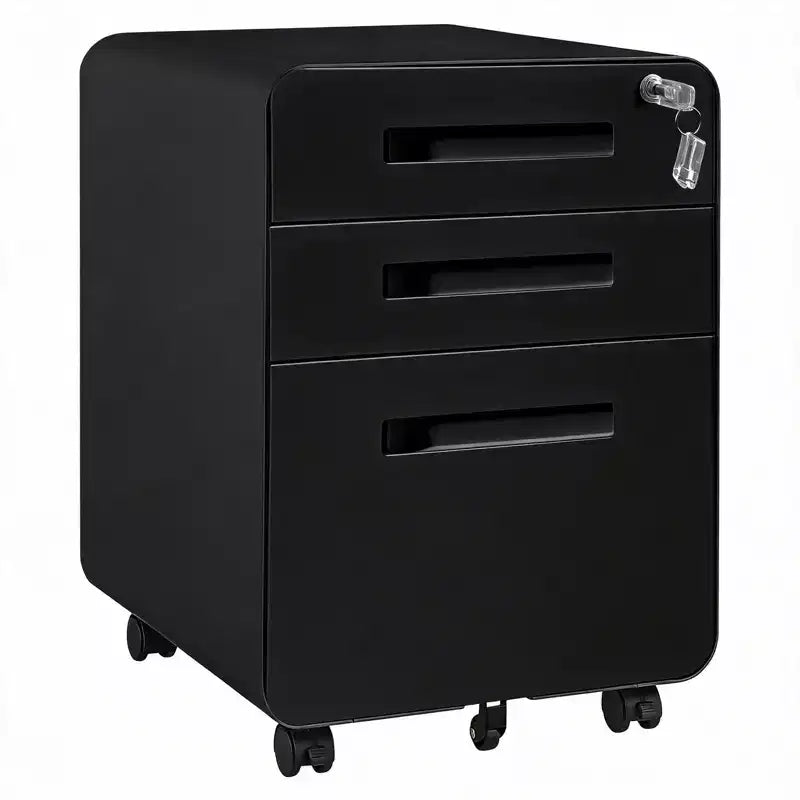 Classeur en métal sécurisé 3 tiroirs, verrouillable, entièrement assemblé, rangement mobile sous le bureau sur 5 roulettes, anti-basculement, compatible A4/Lettre/Légal, noir