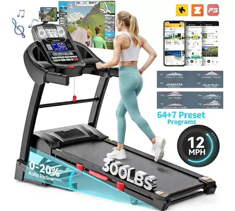 Tapis de course pliant portable 400lbs, tapis de course 12MPH 5HP avec inclinaison 20% pour la maison le bureau, contrôle par application, tapis de course d'exercice marche course avec sangle genoux