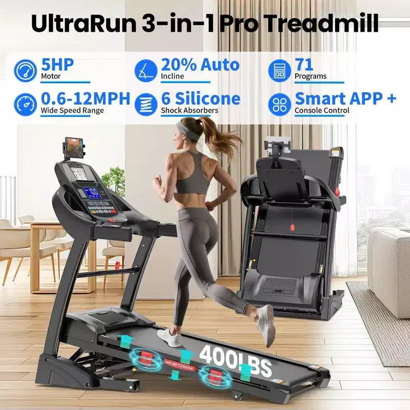 Tapis de course pliant portable 400lbs, tapis de course 12MPH 5HP avec inclinaison 20% pour la maison le bureau, contrôle par application, tapis de course d'exercice marche course avec sangle genoux