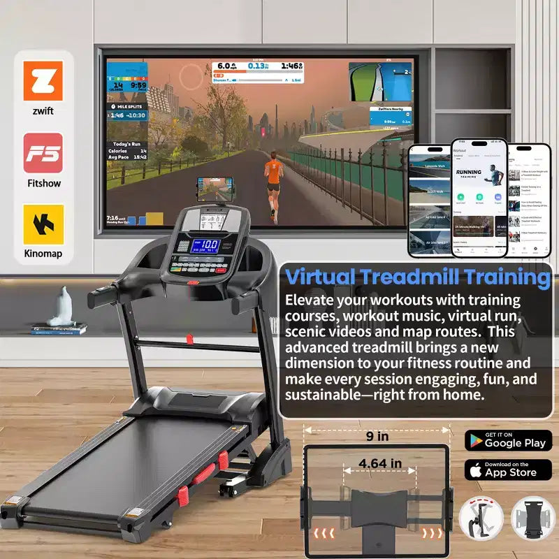 Tapis de course pliant portable 400lbs, tapis de course 12MPH 5HP avec inclinaison 20% pour la maison le bureau, contrôle par application, tapis de course d'exercice marche course avec sangle genoux