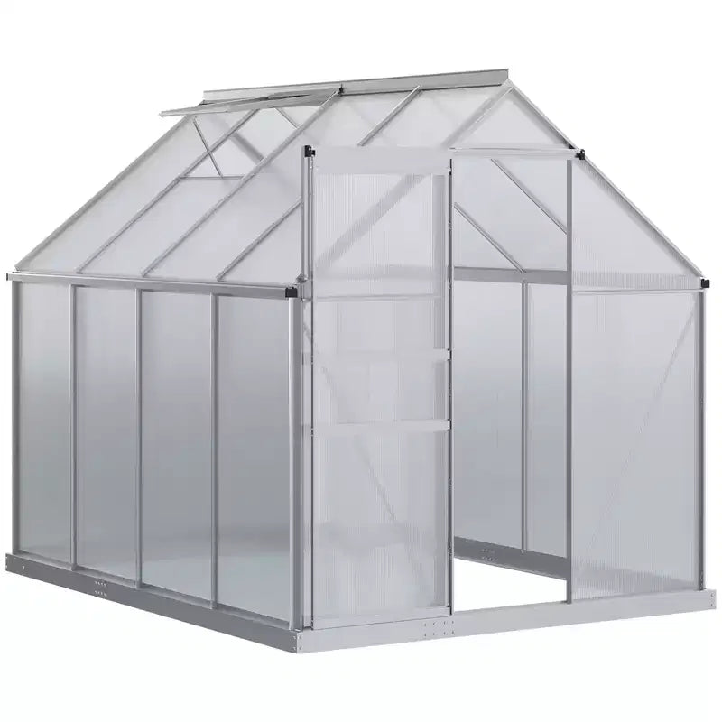 Serre en polycarbonate avec cadre en aluminium, serre d'extérieur robuste avec aération de toit réglable, gouttière et porte coulissante