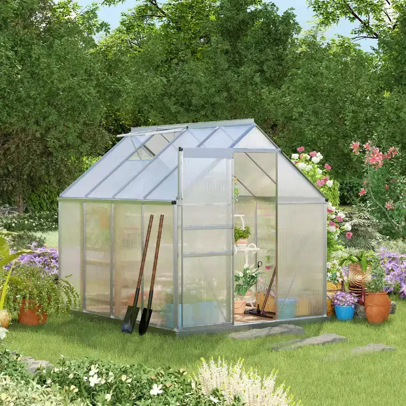 Serre en polycarbonate avec cadre en aluminium, serre d'extérieur robuste avec aération de toit réglable, gouttière et porte coulissante