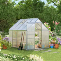 Serre en polycarbonate avec cadre en aluminium, serre d'extérieur robuste avec aération de toit réglable, gouttière et porte coulissante