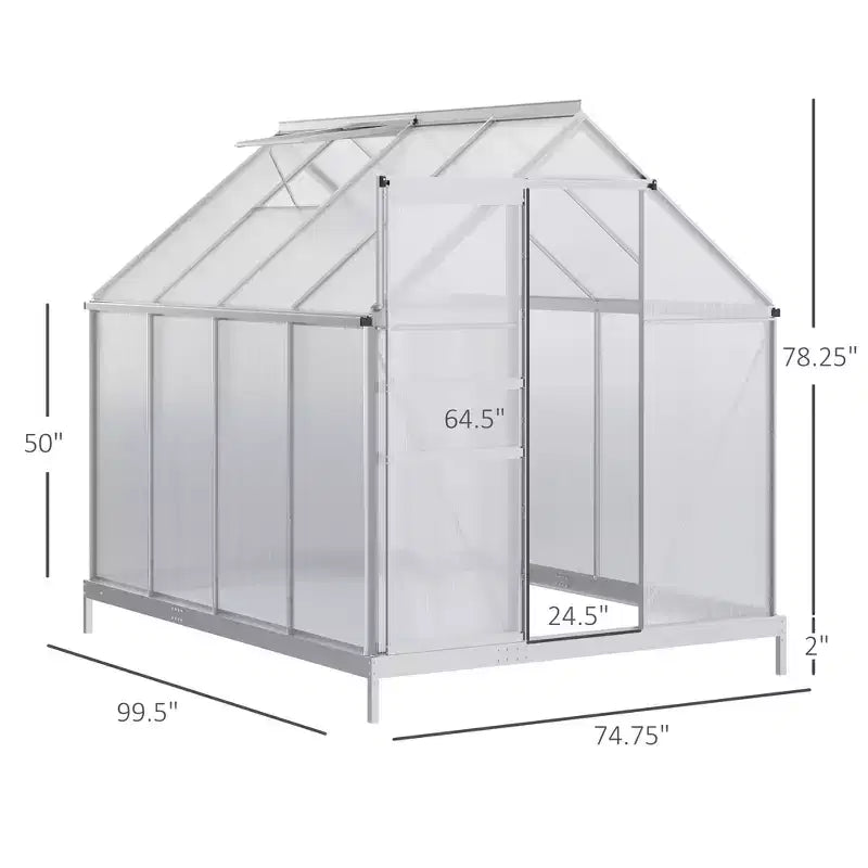 Serre en polycarbonate avec cadre en aluminium, serre d'extérieur robuste avec aération de toit réglable, gouttière et porte coulissante