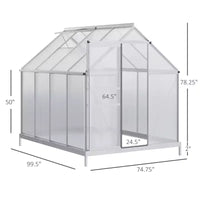 Serre en polycarbonate avec cadre en aluminium, serre d'extérieur robuste avec aération de toit réglable, gouttière et porte coulissante
