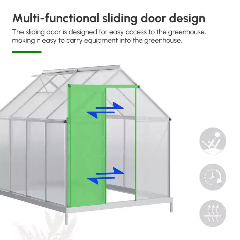 Serre en polycarbonate avec cadre en aluminium, serre d'extérieur robuste avec aération de toit réglable, gouttière et porte coulissante