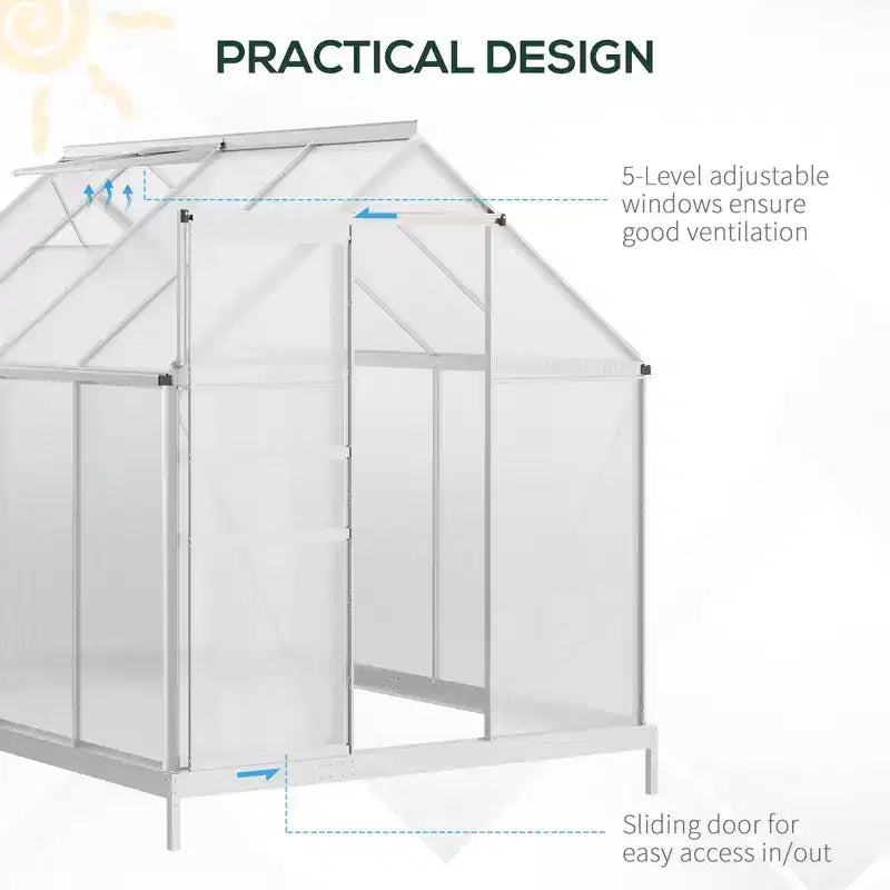 Serre en polycarbonate avec cadre en aluminium, serre d'extérieur robuste avec aération de toit réglable, gouttière et porte coulissante