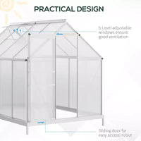 Serre en polycarbonate avec cadre en aluminium, serre d'extérieur robuste avec aération de toit réglable, gouttière et porte coulissante