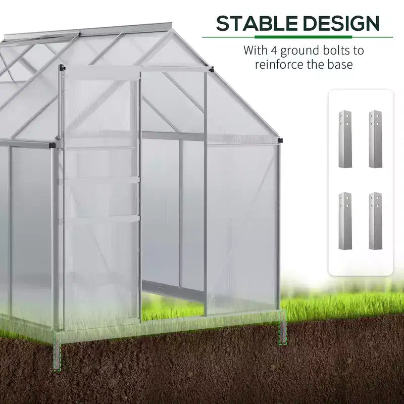Serre en polycarbonate avec cadre en aluminium, serre d'extérieur robuste avec aération de toit réglable, gouttière et porte coulissante