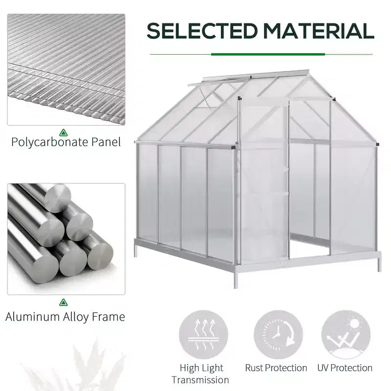 Serre en polycarbonate avec cadre en aluminium, serre d'extérieur robuste avec aération de toit réglable, gouttière et porte coulissante