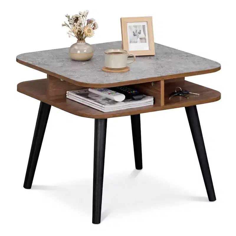 Table d'appoint Costway 1/2 pcs en faux marbre avec étagères de rangement et pieds en hévéa pour salon, gris, noyer et noir