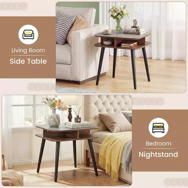 Table d'appoint Costway 1/2 pcs en faux marbre avec étagères de rangement et pieds en hévéa pour salon, gris, noyer et noir