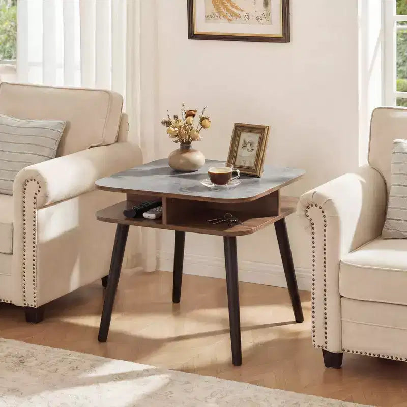 Table d'appoint Costway 1/2 pcs en faux marbre avec étagères de rangement et pieds en hévéa pour salon, gris, noyer et noir