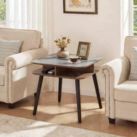 Costway Table d'appoint en Faux Marbre avec Étagères de Rangement et Pieds en Bois d'Hévéa pour Salon, 1 ou 2 Pièces, Gris, Noyer et Noir