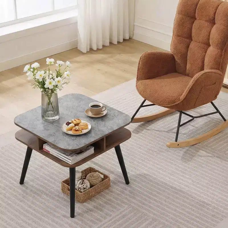 Table d'appoint Costway 1/2 pcs en faux marbre avec étagères de rangement et pieds en hévéa pour salon, gris, noyer et noir