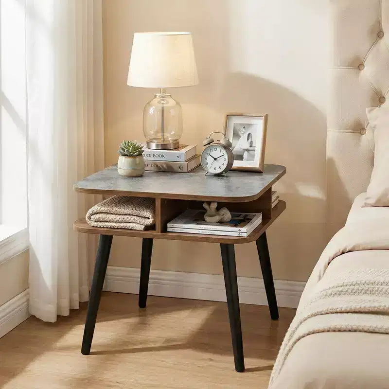 Table d'appoint Costway 1/2 pcs en faux marbre avec étagères de rangement et pieds en hévéa pour salon, gris, noyer et noir