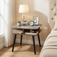 Costway Table d'appoint en Faux Marbre avec Étagères de Rangement et Pieds en Bois d'Hévéa pour Salon, 1 ou 2 Pièces, Gris, Noyer et Noir