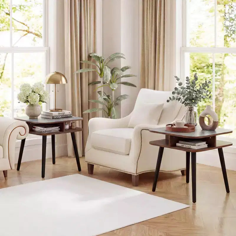 Table d'appoint Costway 1/2 pcs en faux marbre avec étagères de rangement et pieds en hévéa pour salon, gris, noyer et noir