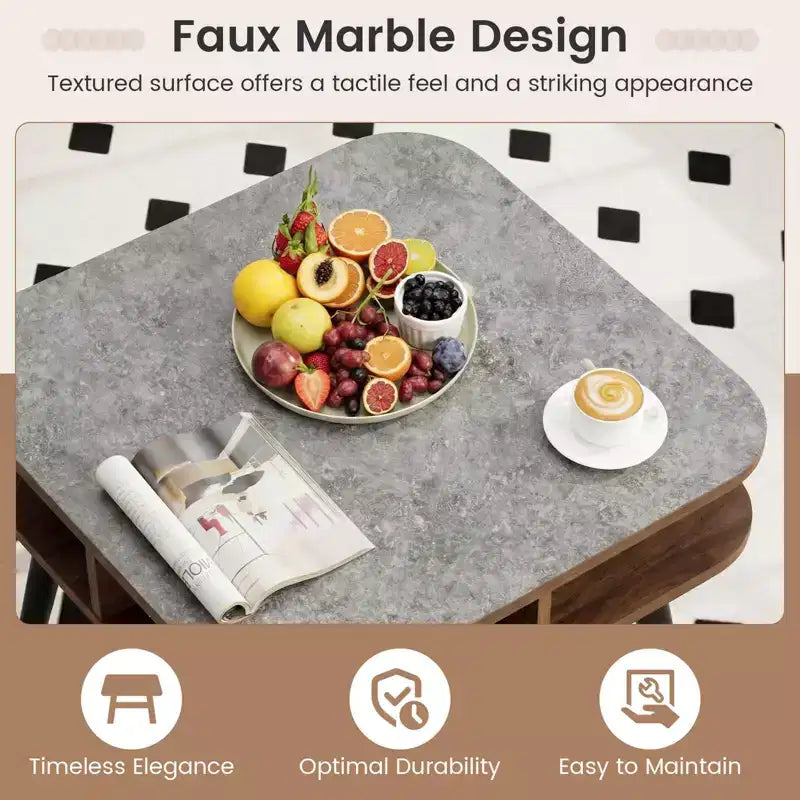 Table d'appoint Costway 1/2 pcs en faux marbre avec étagères de rangement et pieds en hévéa pour salon, gris, noyer et noir